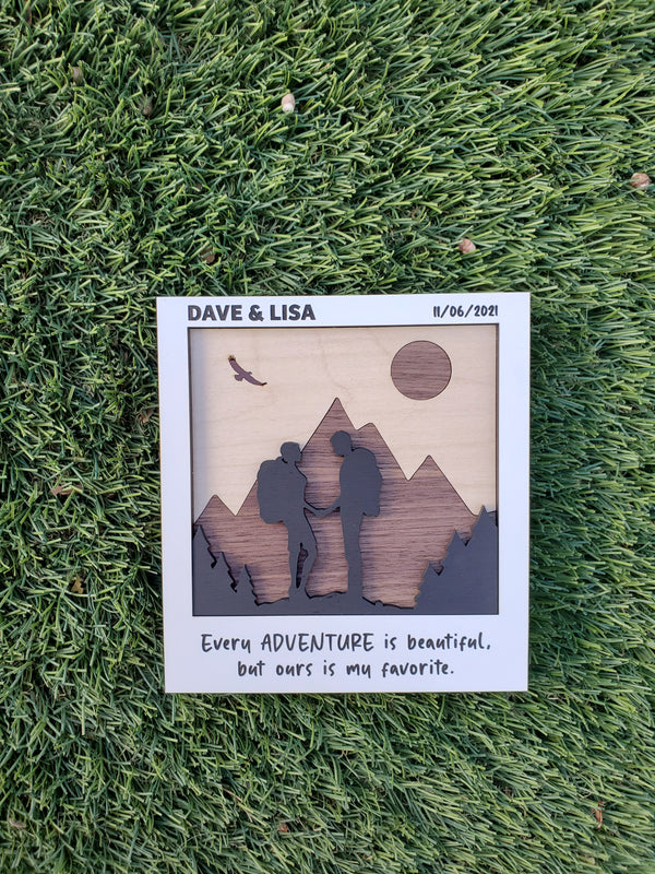 Adventure Couple Silhouette Wood in Polaroid Frame