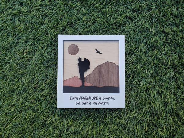 Adventure Couple Silhouette Wood in Polaroid Frame