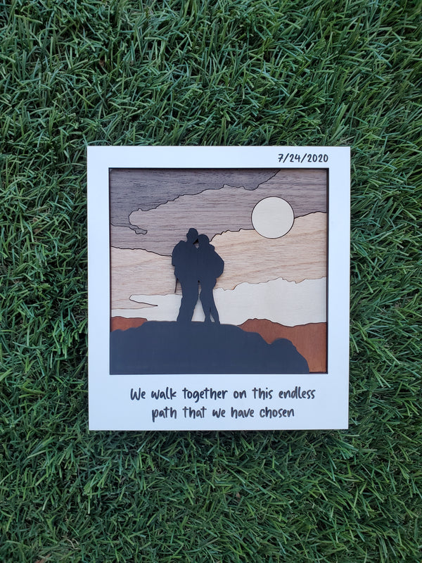 Adventure Couple Silhouette Wood in Polaroid Frame