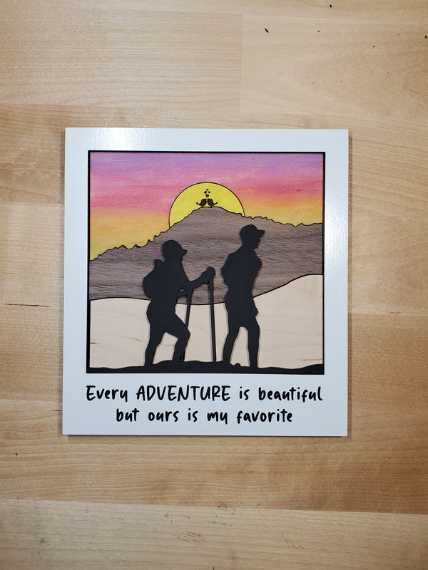 Adventure Couple Silhouette Wood in Polaroid Frame