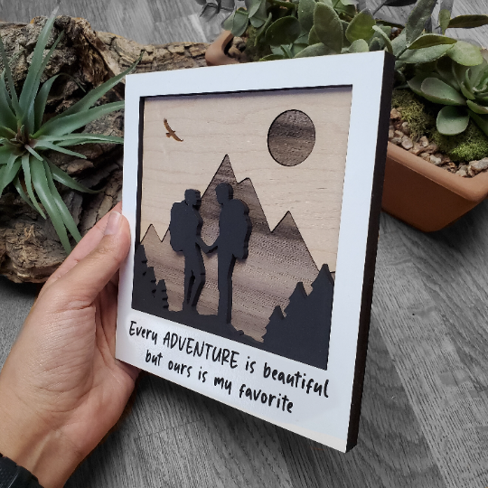Adventure Couple Silhouette Wood in Polaroid Frame